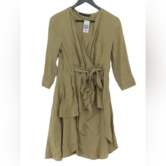 NWT ZARA SAGE GREEN LINEN‎ HIGH LOW TUNIC WRAP DRESS-SMALL - Picture 1 of 13